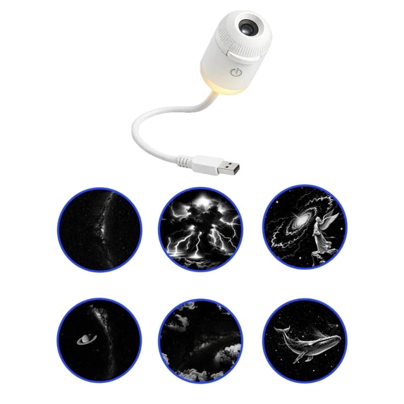 Usb Starry Night Projector with Flexible Gooseneck and 6 Pattern Projections, White, for Kids Room and Bedroom, Night Light Lamp