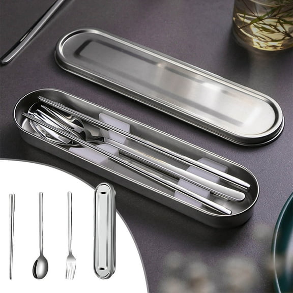 Usbinx Life 304 Stainless Steel Chopsticks Spoon Fork Set Portable Cutlery Three-Piece Set with Travel Case Lightweight Reusable Utensils for Student Office Outdoor Camping 24x6.5cm