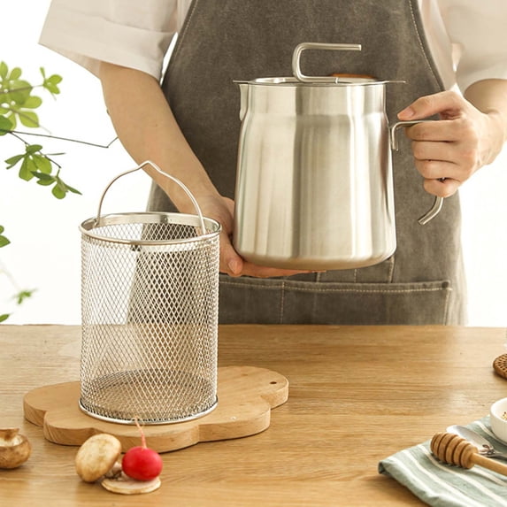 Usbinx Life 304 Stainless Steel Oil Filter Pot with Strainer and Frying Basket 1.8L or 2.2L Capacity Grease Collector with Pour Spout