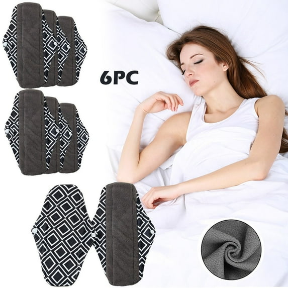 Usbinx Life 6 Pack Reusable Cloth Menstrual Pads High Absorbency Charcoal Fiber Washable Leakproof 23x28cm with Wet Bag