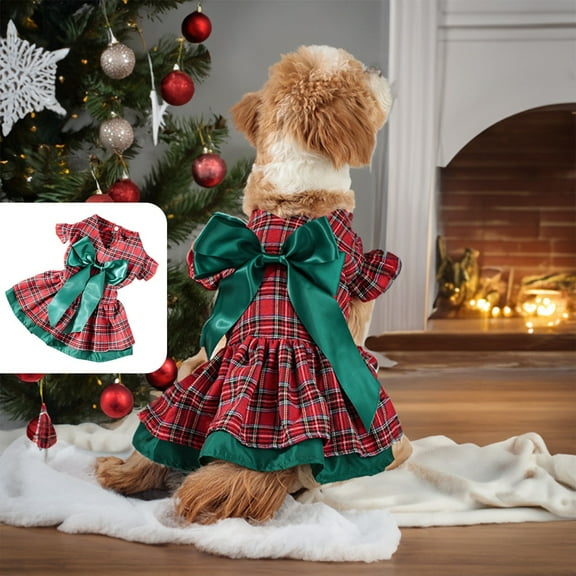 Usbinx Life Christmas Decorations, Pet Christmas Plaid Skirt Dog Dress Ruffle Sleeve Teddy Bear Outfit Festive Party Apparel for Small Breeds 22.06*14.97in
