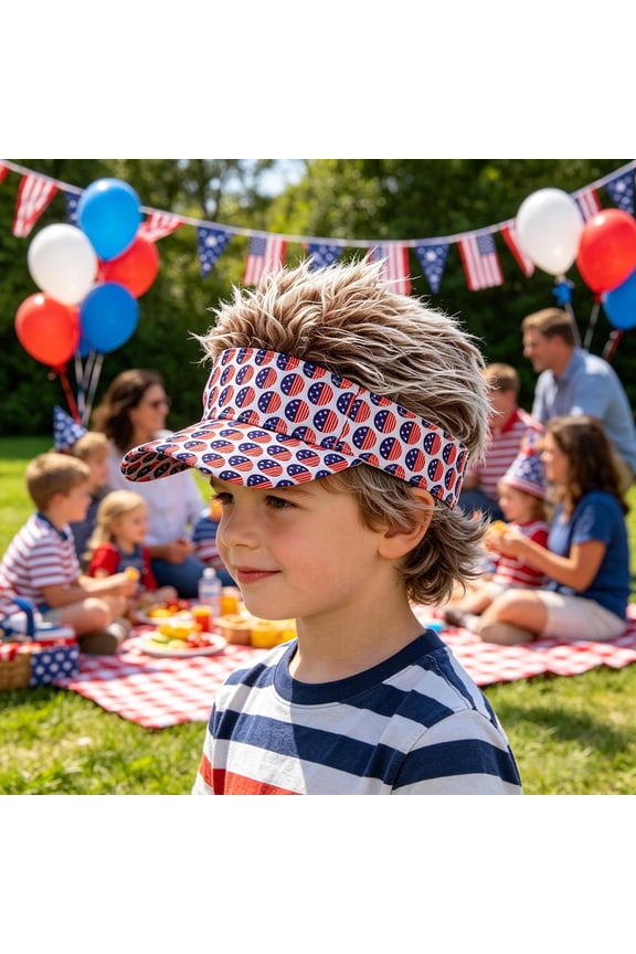 Independence Day Party Hat with Wig Patriotic Baseball Cap Rhinestone Flag Print Sun Visor Costume Accessory for Parade Celebration