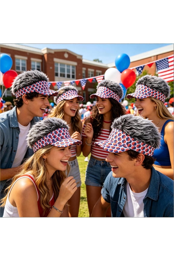 Independence Day Party Hat with Wig Patriotic Baseball Cap Rhinestone Flag Print Sun Visor Costume Accessory for Parade Celebration