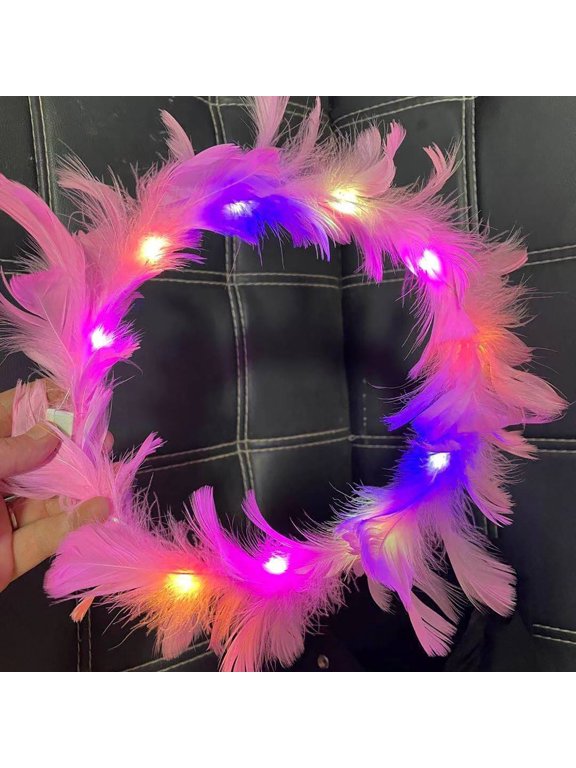 LED Light Up Feather Garland Headband Adjustable Luminous Feather Wreath Headdress with 10 Lights 3 Modes Batteries Included for Adults Kids 20 x 20 cm