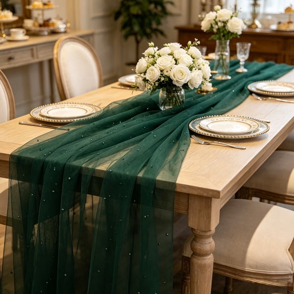 Usbinx Life Pearl Sheer Table Runner 29.52 x 118.11 Inch Elegant Polyester Table Scarf for Wedding Party Bridal Shower Dining Table Backdrop and Event Decor 1 Piece
