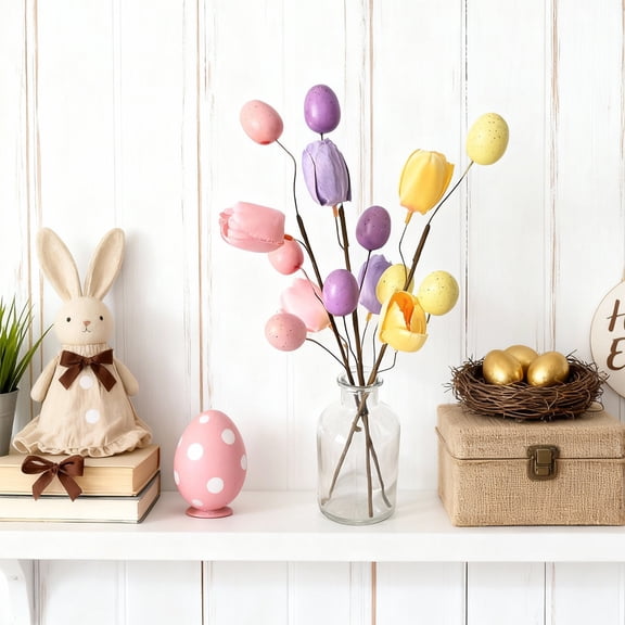 Uscallm 3Pcs Easter Hanging Door Decorations, Easter Decorations Tulips Easter Eggs, Spring Home Decor Indoor Vase Arrangements, Vibrant Floral Centerpiece For Holiday Table