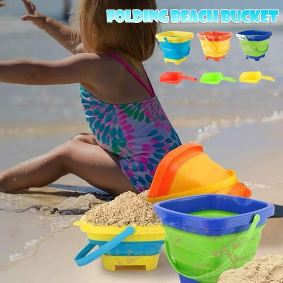 Uscallm 3Pcs Foldable PortableKidsWater Bucket, Foldable CollapsibleKidsBeachToys, Portable Water Play Bath Time Bucket,ToddlerOutdoor SandToysEssential, Travel Friendly BathingToyGift