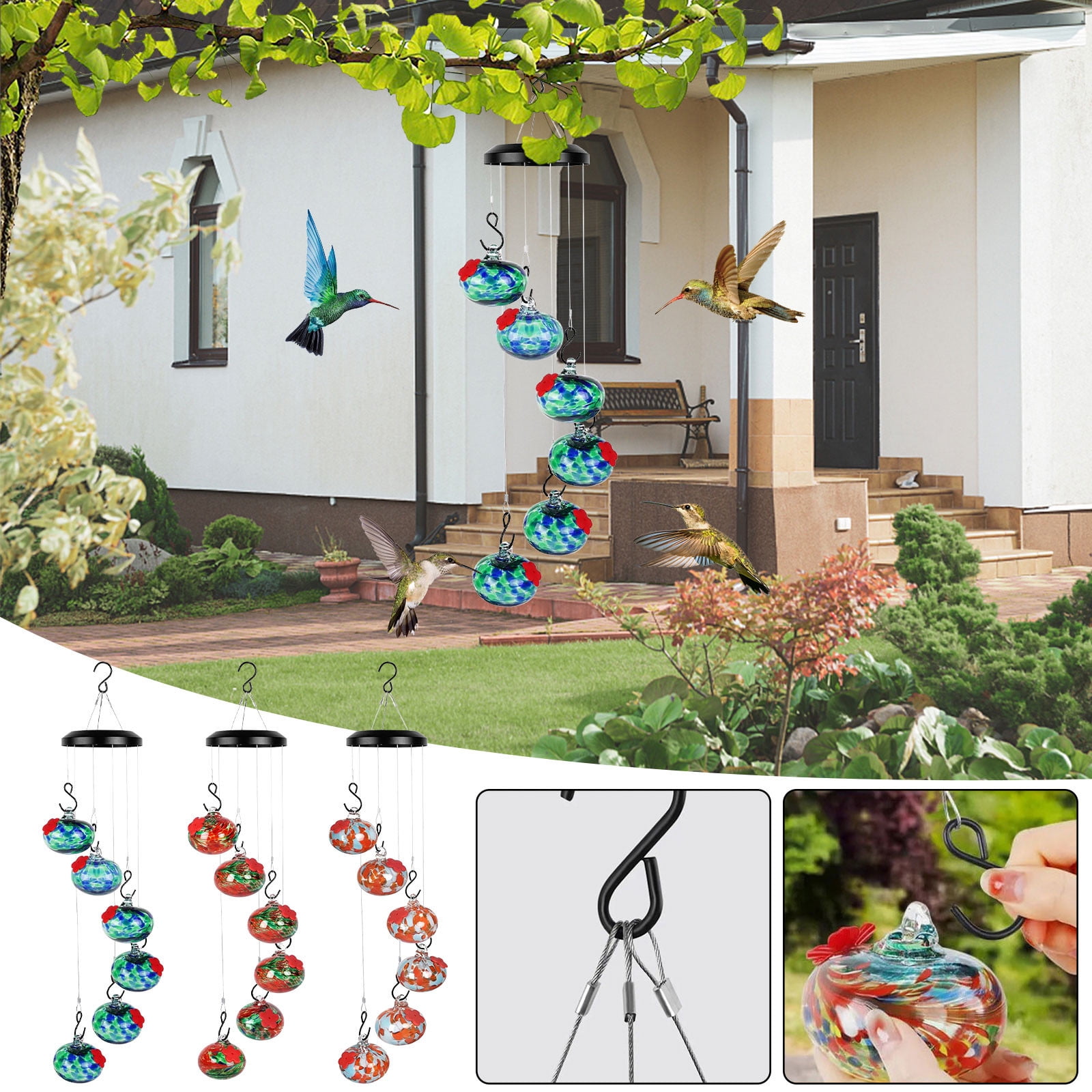 Uscallm 3Pcs Hummingbird Feeders Wind Chimes Outdoor Garden Decor, Patio Yard Hanging Bird Feeder, Glass Hummingbird Feeder With Multiple Feeding Ports, Gift For Bird Lovers