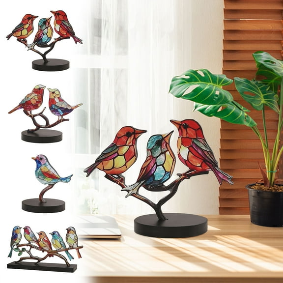 Uscallm 4Pcs Golden Bird Ornament Home Decor, Colorful Handcrafted Bird Decorations, Vibrant Garden Art Home Decor, Unique Floral Bird Pendant Wall Hanging, Modern Boho Chic Room Decor
