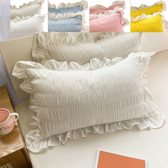 Uscallm 4Pcs Ruffled Pillow Shams Set, Ruffle Trim Standard Pillowcases, CuteKidsBedroom Decor, StripedChildrensPillow Covers, Cozy Bedding Accessories ForGirls