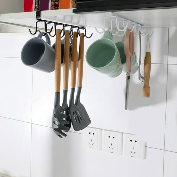 Uscallm under $5 2Pcs Under Shelf Mug Rack, Under Shelf Mug Rack, 12 Hook Storage Rack for Kitchen Cabinet, Wall Mounted Cup Holder for Coffee Mugs, Space Saving Pot Pan Organizer