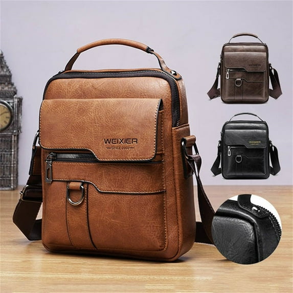 Uscallm under $5 3Pcs Men's Leather Bag, Men Vintage Leather Crossbody Bag,Vertical Messenger Satchel Shoulder Bag,Business Casual Leather Briefcase Bag,Multiple Pockets RFID Protection Bag