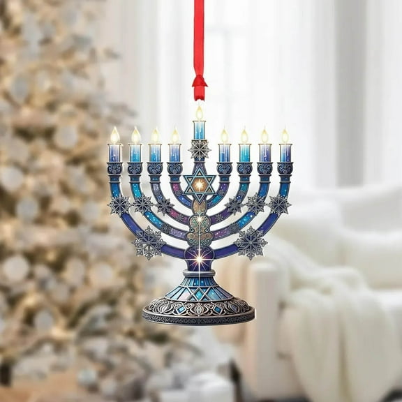 Uscallm under $5 Hanukkah Menorah Ornament, Hanukkah Menorah Ornament Hanging, Star of Snowflake Decoration, Blue Glass Festival of Lights, Christmas Tree Holiday Decor, Jewish Cultural Gift