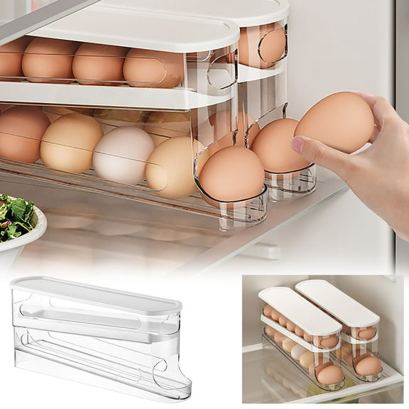Uscallm under $5 Refrigerator Egg Dispenser, Automatic Rolling Egg Dispenser, Refrigerator Organizer Rack for 30 Eggs, Space Saving Tiered Storage Container, Durable Kitchen Fridge Saver