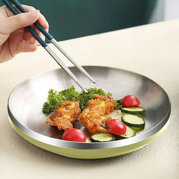 Uscallm under $5 Stainless Steel Plate, Stainless Steel Insulated Serving Plate, Double Wall Hot Cold Food Dish, Microwave Safe Dinner Plate for Meals, Durable Kitchen Dining Platter