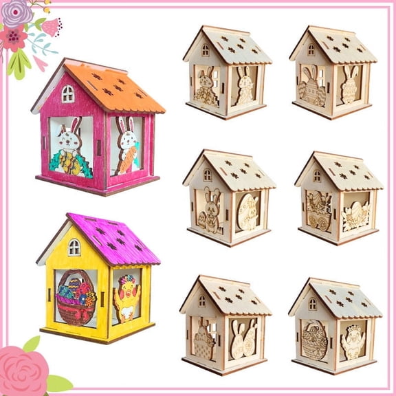 Uscallm 6Pcs Diy Easter Wooden House, Easter DIY Craft Kit, Creative Holiday Wooden House Building Activity, Fun Family Easter Cottage Project, Educational STEMToyForKids