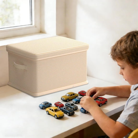 Uscallm Clothing Storage Box, Large Fabric Organizer with Lid for Wardrobe, Layered Folding Basket for Pants and Household Items, Medium Size Beige or Gray