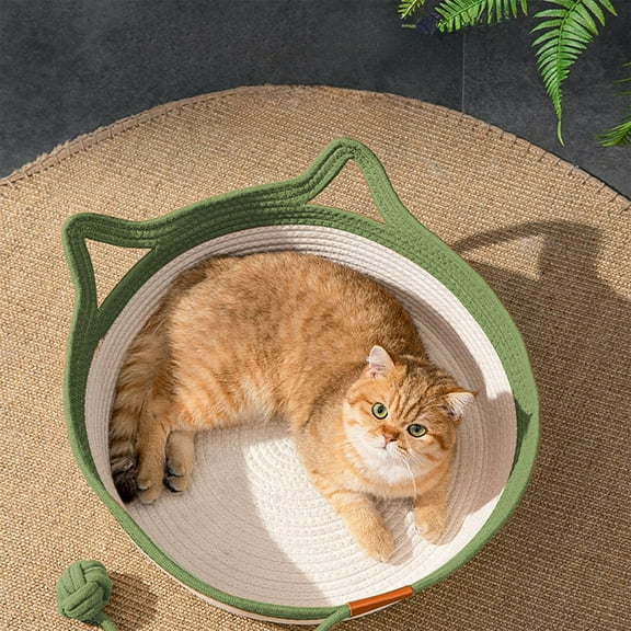 Uscallm Cool Breathable Rope Pet Bed, Cotton Rope Cat Bed Integrated CrochetToy, Breathable Summer Pet Bed Cooling Design, Interactive Cat Cave For Indoor Cats, All In One Cat Hammock Hanging Bed