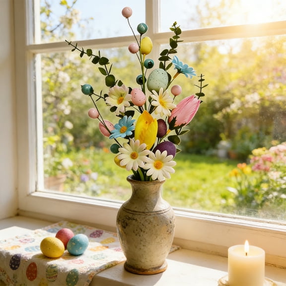 Uscallm Easter Decorations Artificial Flowers Plastic Daisies Eucalyptus Leaves And Painted Eggs For Spring Home Decor Centerpieces Party Table Decorations