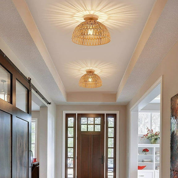 Uscallm Handwoven Rattan Ceiling Light Fixture Boho Chandelier Natural Woven Rope Pendant Lamp Farmhouse Bedroom Lighting Vintage Home Decor for Living Room