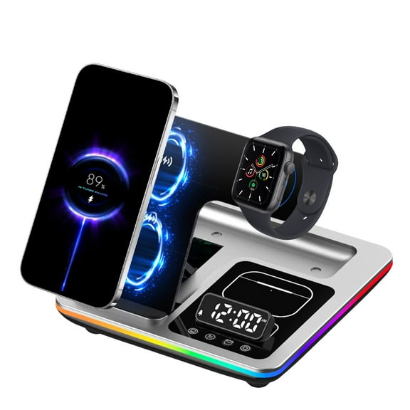 Uscallm Magnetic Fast Wireless Charger, 3-in-1 Foldable Lift Wireless Charger Digital Display Clock, Multifunctional RGB Night Light Alarm Charging Station For Desk