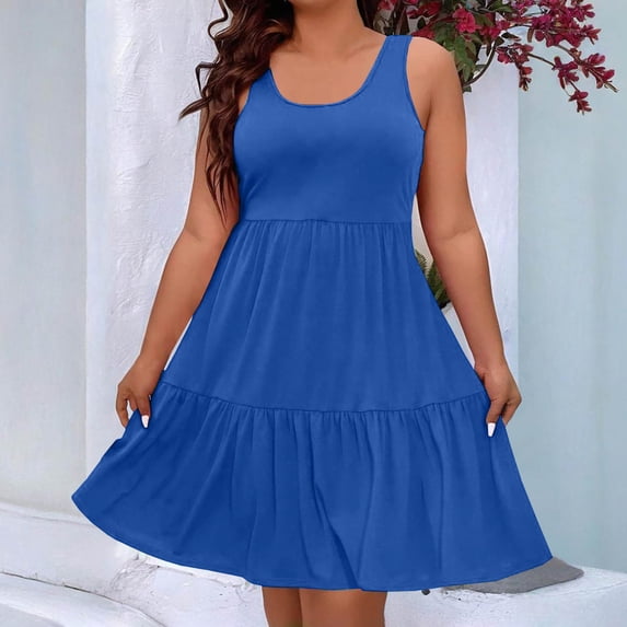 Uscallm Plus Size Women's Round Neck Sleeveless Flowy A-Line Mini Dresses Boho Solid Casual Swing Ruffle Loose Party Dresses, Blue 5XL