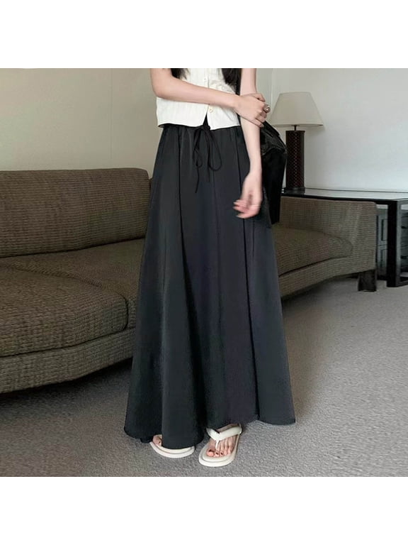Women Plus Size A-Line Satin Tie Maxi Skirts Flowy Casual Boho Long Holiday Skirts for Summer Beach Vacation Outfits, Black L