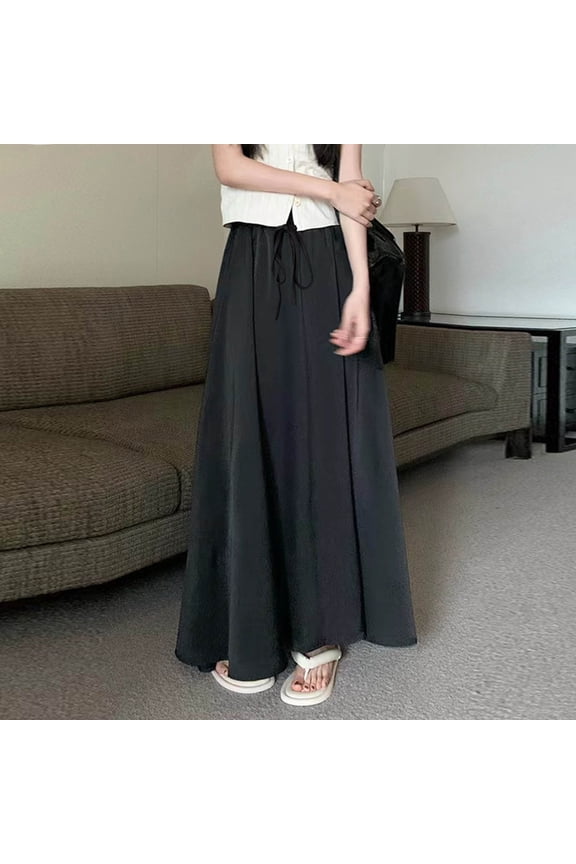Women Plus Size A-Line Satin Tie Maxi Skirts Flowy Casual Boho Long Holiday Skirts for Summer Beach Vacation Outfits, Black L