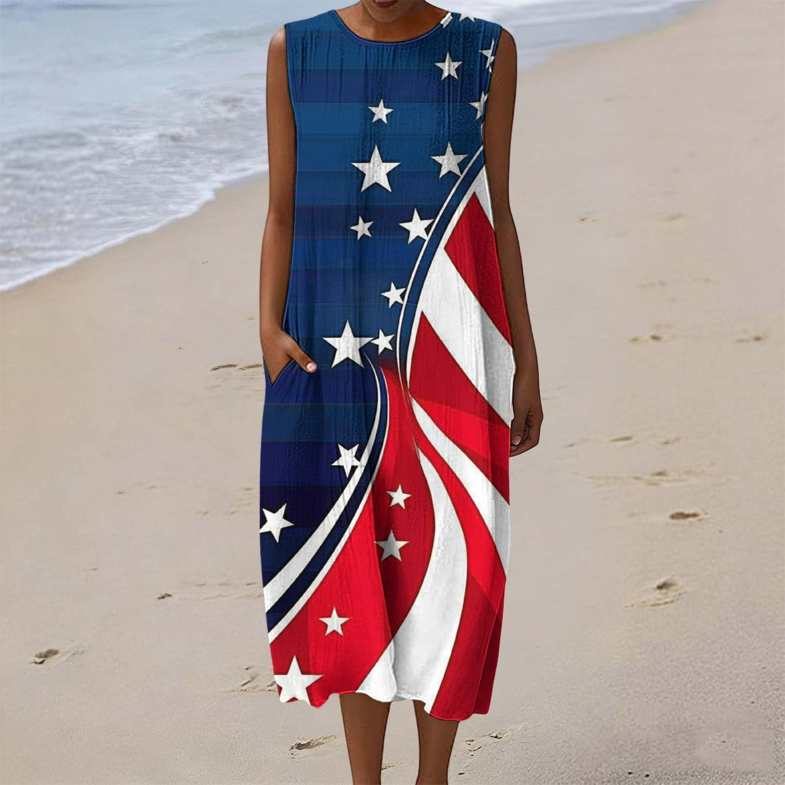 patriotic midi dress Light Blue & White Striped American Flag Cotton Button Up Midi Dress