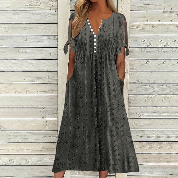 Uscallm Women Plus Size Boho Summer Dresses V Neck Short Sleeve Eyelet Hollow Out Flowy Midi Loose Casual Beach Vacation Sundresses Solid Basic Outfits, Dark Gray S