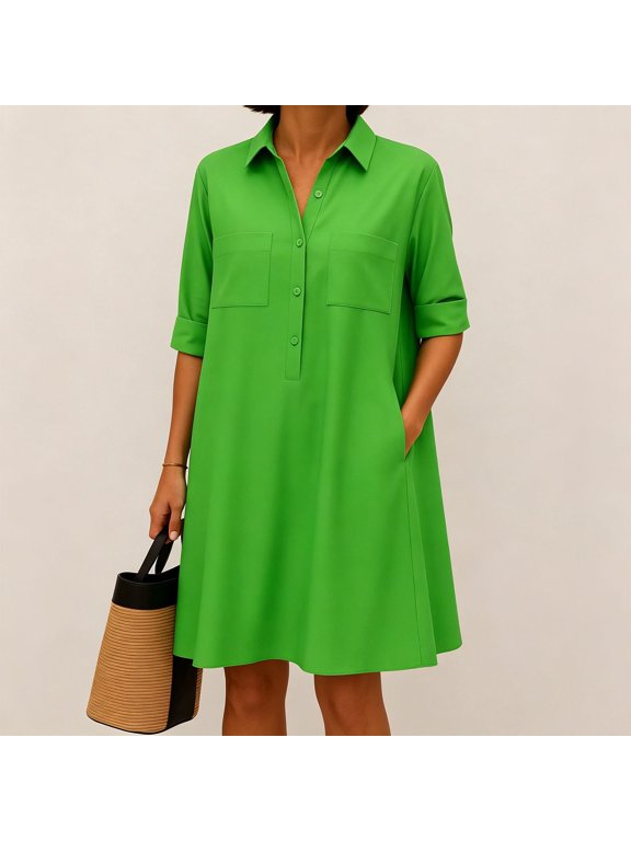 Women Plus Size Button Down A-Line Mini Shirt Dress 3/4 Sleeve Collared Solid Casual Beach Vacation Swing Dresses, Green 2XL