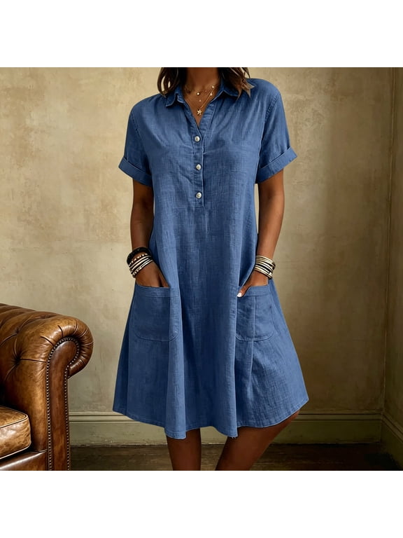 Women Plus Size Collared Short Sleeve Button Down Flowy Casual A-Line Mini Dress Solid Boho Beach Vacation Swing Loose Dresses, Blue 2XL