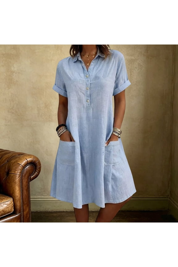 Women Plus Size Collared Short Sleeve Button Down Flowy Casual A-Line Mini Dress Solid Boho Beach Vacation Swing Loose Dresses, Light Blue S