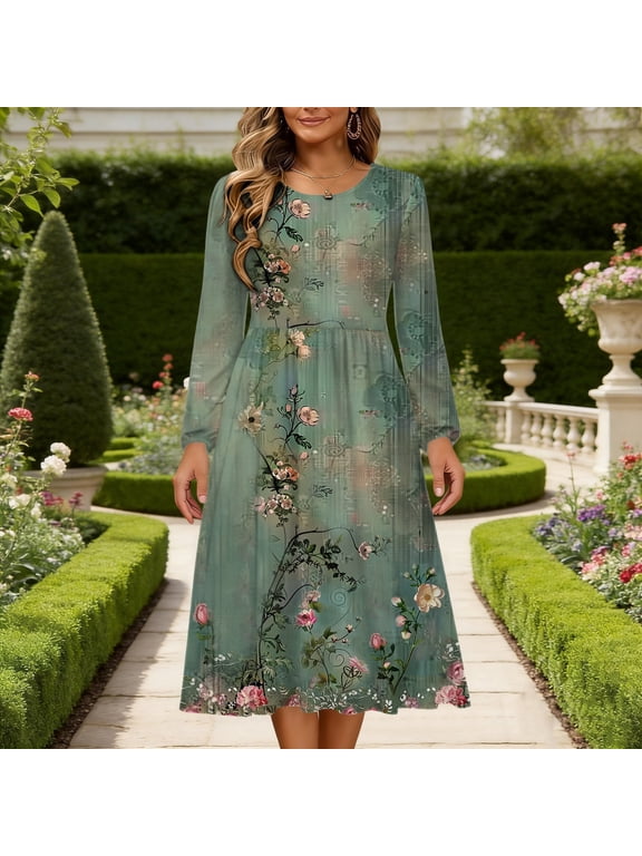 Women Plus Size Floral Midi Dress Round Neck Long Sleeve A-Line Elegant Church Garden Vacation Summer Formal Dress, Multicolor XL