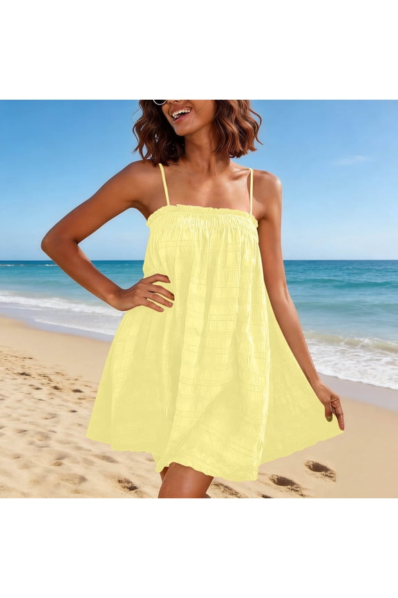 Women Plus Size Flowy Boho Beach Cami Mini Dresses Casual Summer Short Sleeve Elastic Waist Sundress Vacation Outfits, Yellow L