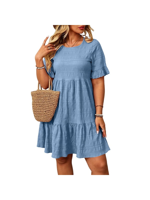 Women Plus Size Flowy Ruffle Mini Dresses Short Sleeve Round Neck Boho Casual Summer Travel Beach Sundresses, Light Blue 3XL