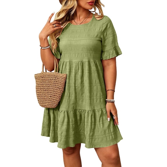 Uscallm Women Plus Size Flowy Ruffle Mini Dresses Short Sleeve Round Neck Boho Casual Summer Travel Beach Sundresses, Mint Green 3XL
