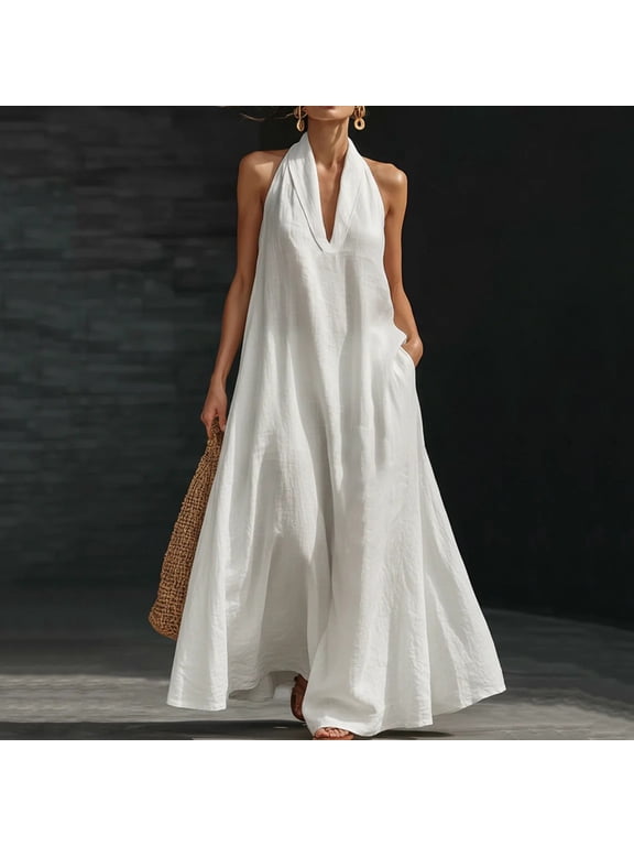 Women Plus Size Halter Maxi Dresses Flowy Boho V Neck Casual Long Vacation Beach Sundress, White 2XL