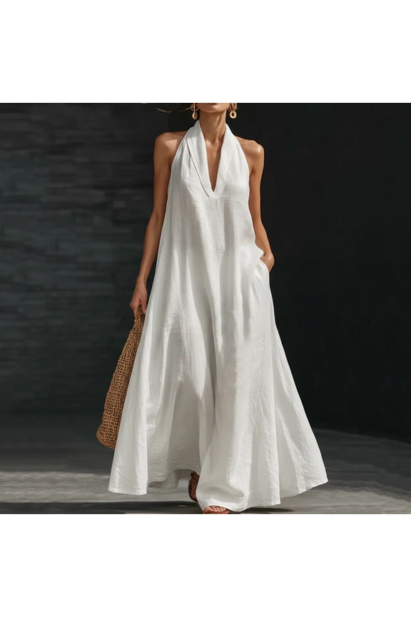 Women Plus Size Halter Maxi Dresses Flowy Boho V Neck Casual Long Vacation Beach Sundress, White 2XL