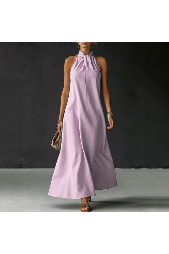 Women Plus Size Halter Sleeveless High Low Flowy Maxi Dress Solid Boho Beach Vacation Long Sundresses, Purple S