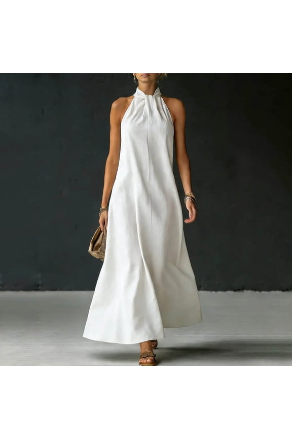 Women Plus Size Halter Sleeveless High Low Flowy Maxi Dress Solid Boho Beach Vacation Long Sundresses, White S