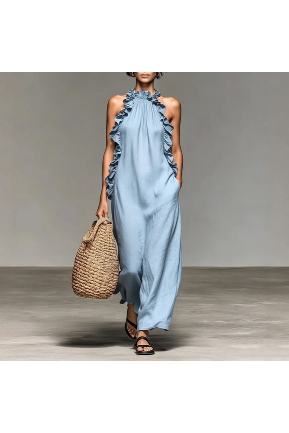 Women Plus Size Halter Sleeveless Ruffle Flowy Maxi Dress Solid Boho Casual Vacation Beach Long Dresses, Light Blue 2XL