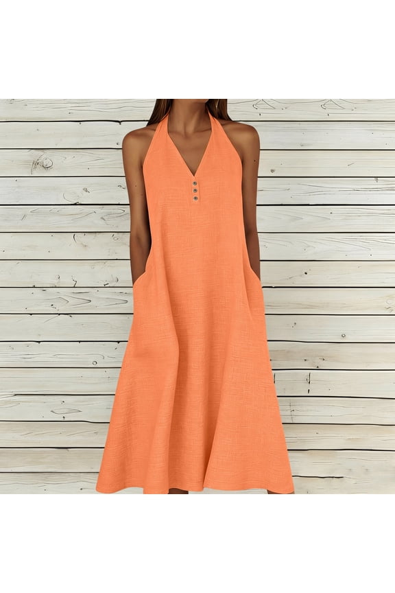 Women Plus Size Halter Solid Casual Boho ALine Midi Travel Dresses Summer Vacation Beach Flowy Swing Sundresses Clothes, Orange 2XL