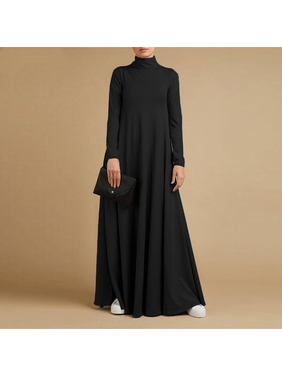 Women Plus Size Maxi Dresses Long Sleeve High Neck Loose Flowy Solid Casual Basic Summer Church Beach Vacation Dresses, Black M