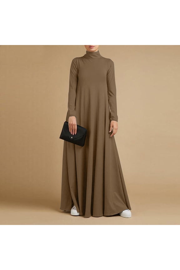 Women Plus Size Maxi Dresses Long Sleeve High Neck Loose Flowy Solid Casual Basic Summer Church Beach Vacation Dresses, Brown L