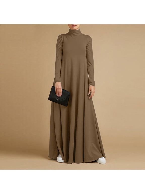 Women Plus Size Maxi Dresses Long Sleeve High Neck Loose Flowy Solid Casual Basic Summer Church Beach Vacation Dresses, Brown L