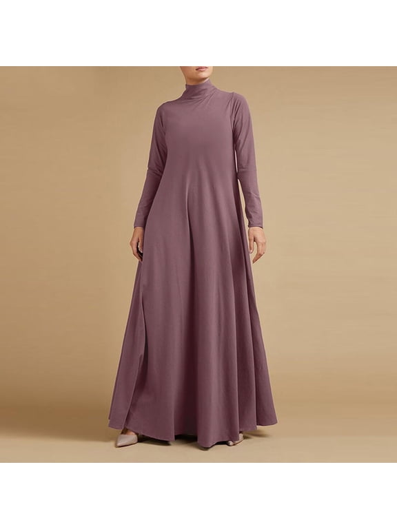 Women Plus Size Maxi Dresses Long Sleeve High Neck Loose Flowy Solid Casual Basic Summer Church Beach Vacation Dresses, Pink XL