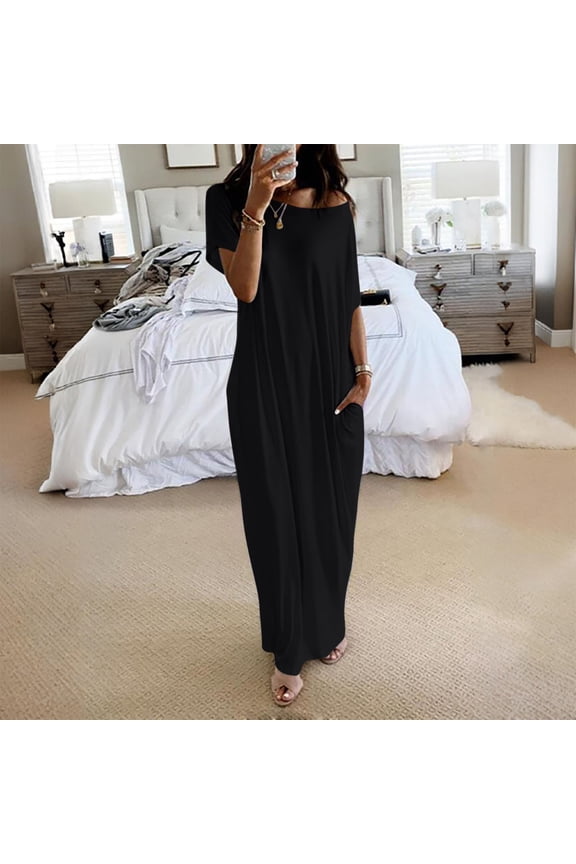 Women Plus Size Maxi Dresses Round Neck Short Sleeve Flowy Casual Solid Boho Beach Vacation Holiday Travel Church Long Dresses, Black S