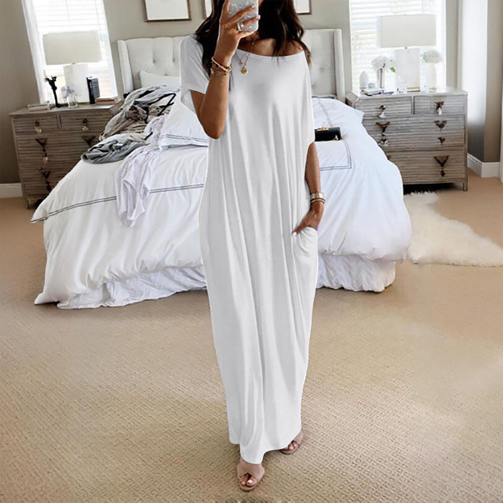 plus size boho white maxi dress Uscallm Women Dresses Round Neck Short Sleeve Flowy Casual Solid Beach Vacation Holiday Travel Church Long Dresses, L Wedding gown Halterneck Contrast Puffball Mini making it travel Size:Custom Size product_type: Dresses