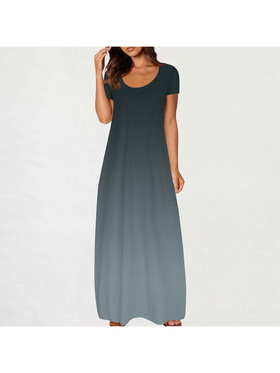 Women Plus Size Maxi Dresses Round Neck Short Sleeve Gradient Flowy Casual Long Holiday Dress for Summer Clothes, Light Blue 3XL
